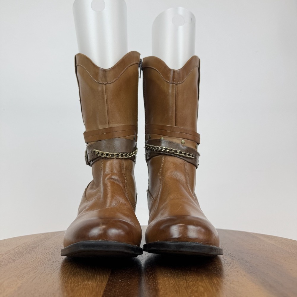 New Womens Sandro Moscoloni Robin Belted Brown Leather Cowboy Boots‎ Size 7 M - Picture 3 of 9